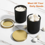 Matte Black and Gold Bathroom Accessories Set, 4 Pack Glass Bath Accessory Sets Complete, Ribbed Soap Dispenser and Toothbrush Holder Set with 2 Qtip Holders, Modern Gold Bathroom Decor