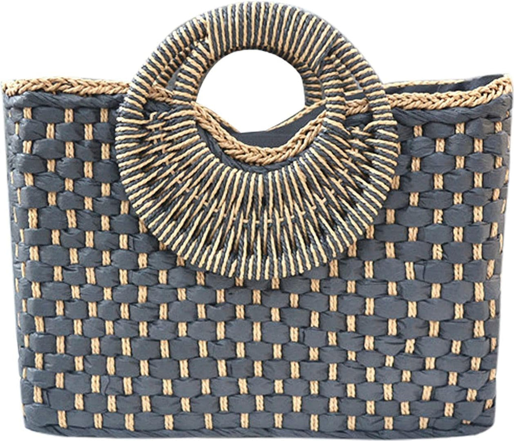 Hand-Woven Straw Bag Women Summer Beach Handbag Purse Retro Rattan Tote Clutch Travel Bag with Wood round Top Handle