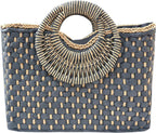Hand-Woven Straw Bag Women Summer Beach Handbag Purse Retro Rattan Tote Clutch Travel Bag with Wood round Top Handle