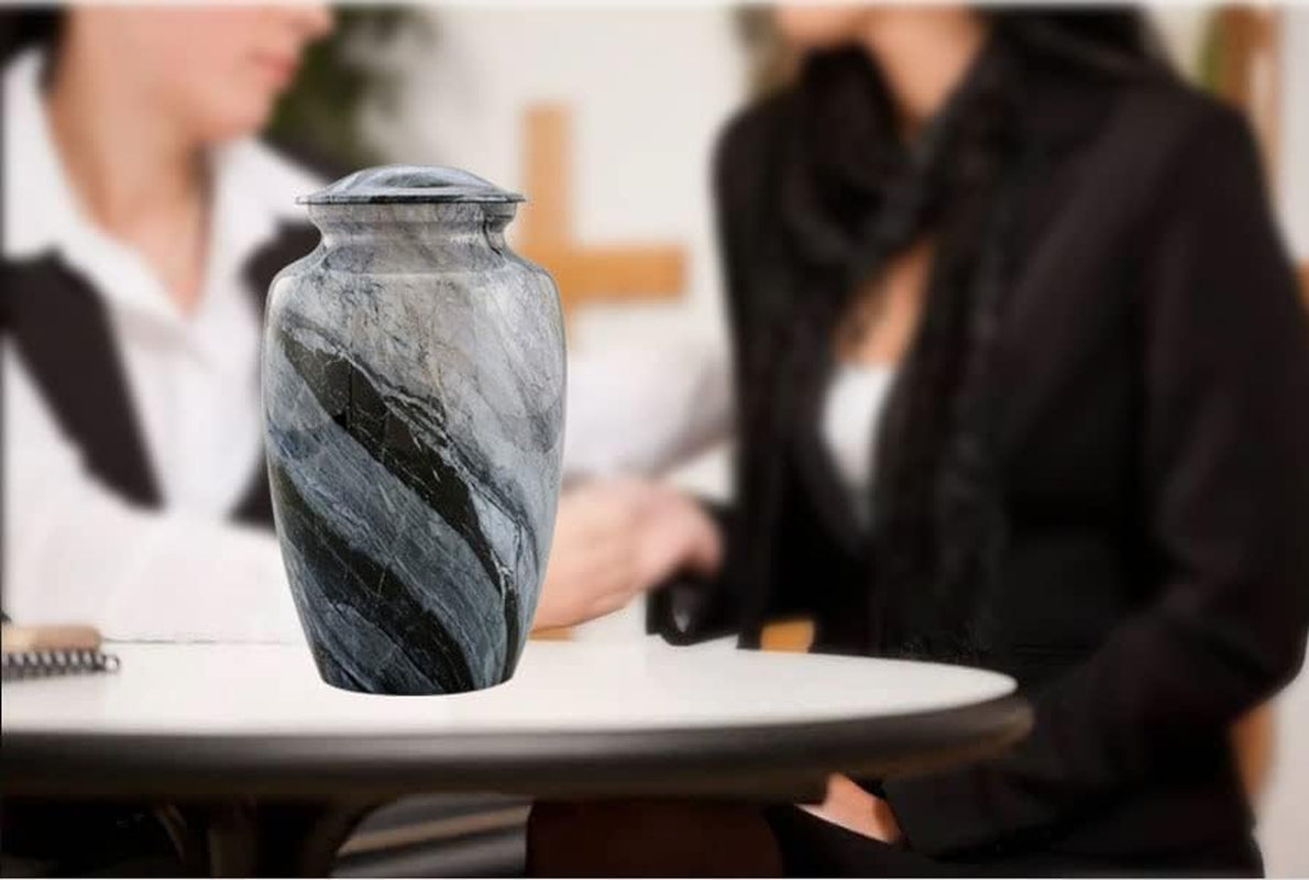 Memorial Cremation Urns for Human Ashes | Handcrafted Large Burial Marble Finish Adult Cremation Urn | Funeral Decorative Urns for Female & Male | 200 Lbs with Velvet Bag (Silver Wave)