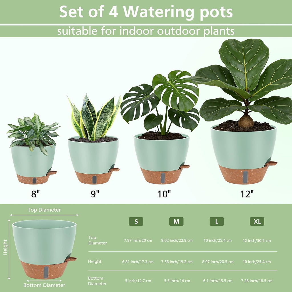 Self Watering Pots with Water Level Indicator, 12" 10" 9" 8" Large Plastic Flower Pots with Mesh Drainage Hole and Removable Saucer Reservoir for Indoor Outdoor Plants (Green)