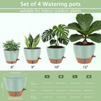 Self Watering Pots with Water Level Indicator, 12" 10" 9" 8" Large Plastic Flower Pots with Mesh Drainage Hole and Removable Saucer Reservoir for Indoor Outdoor Plants (Green)