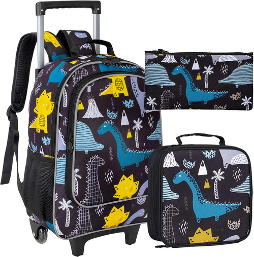 3PCS Rolling Backpack for Girls Boys, Kids Roller Wheels Bookbag, Wheeled School Bag with Lunch Bag