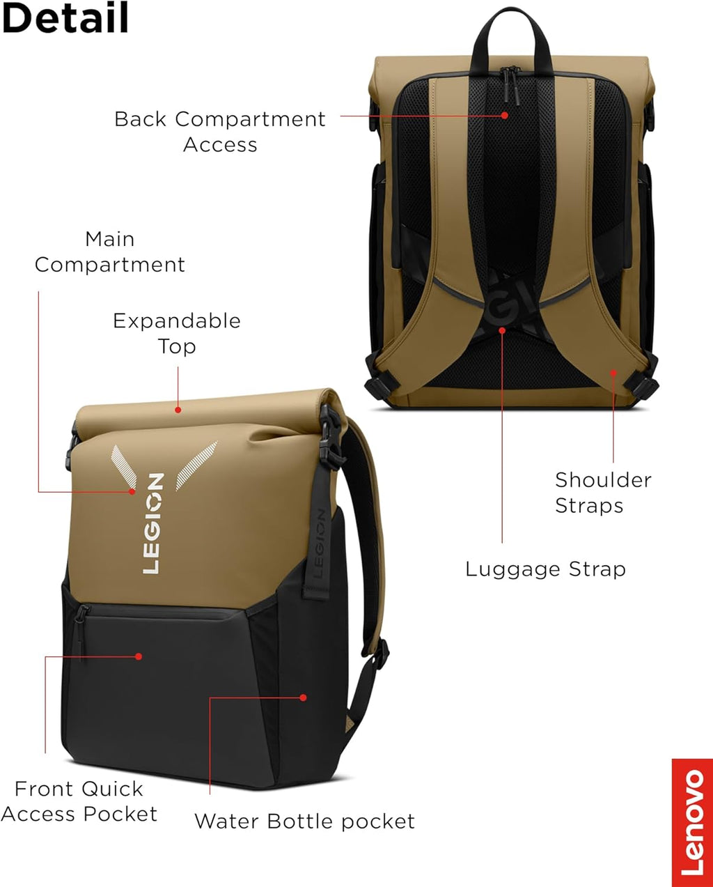 Legion Gaming Laptop Backpack GB500, Expandable Capacity up to 25L, Fits 16-Inch Laptops, Water Resistant
