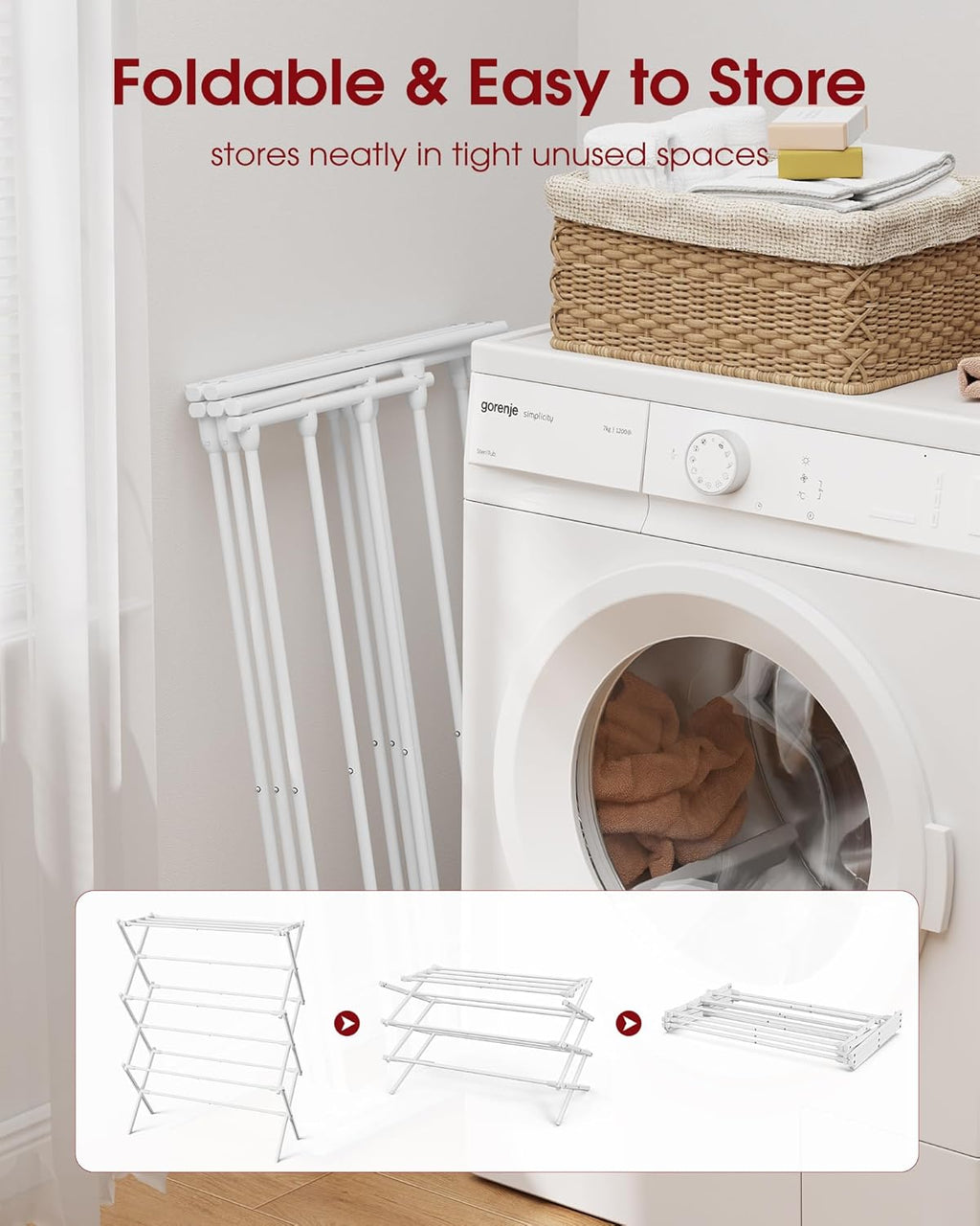 Foldable Clothes Drying Rack – Metal Laundry Drying Rack with Non-Slip Feet, 3-Tier Space-Saving Clothing Rack for Organization, Indoor & Outdoor Use, 11.4" D X 29.1" W X 37.4" H, White