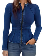 Casual Denim Peplum Jacket for Women Long Sleeve Zip Front Athletic Workout Ruffle Blazer Coats