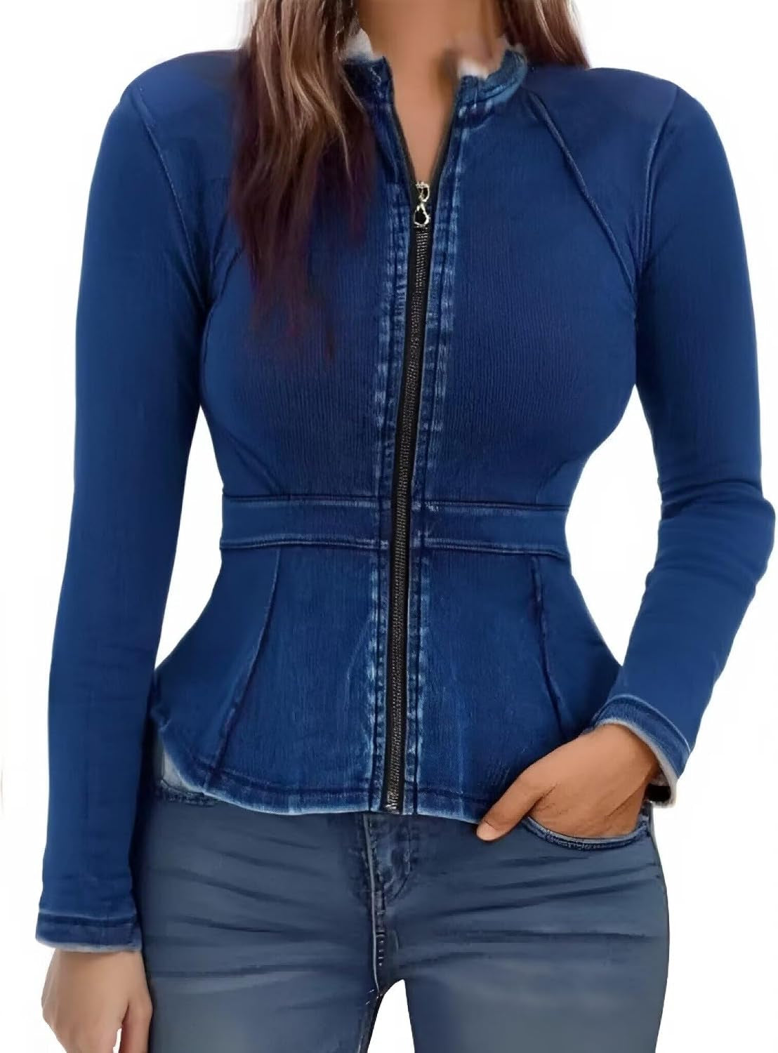 Casual Denim Peplum Jacket for Women Long Sleeve Zip Front Athletic Workout Ruffle Blazer Coats
