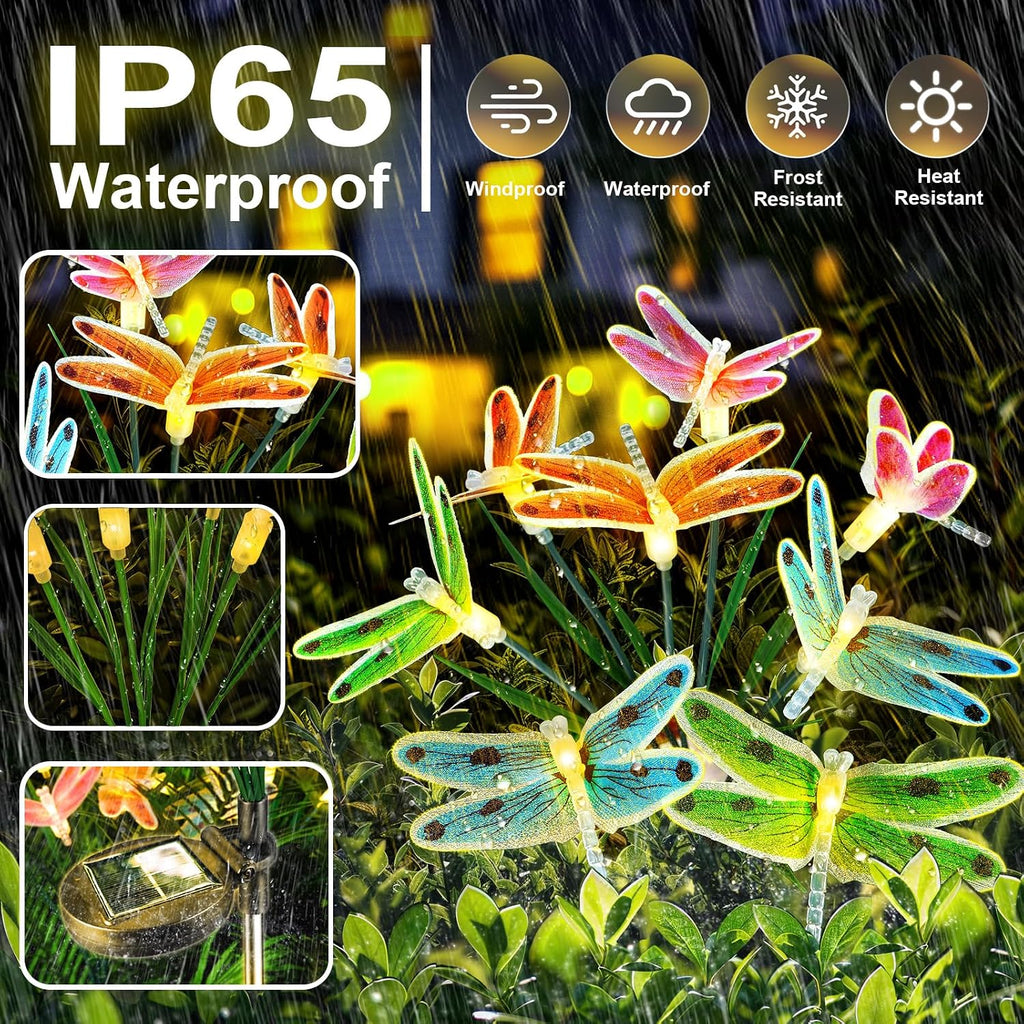Solar Garden Lights Outdoor: 8 Removable Optical Fiber Dragonflies 2 Pack - Waterproof Fun Animal Decoration for Yard Patio Path - Gardening Gifts for Garden Lovers over 30