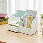 Desk Organizer - Multifunctional Leather Desktop Pen Holder Storage Box - Business Card/Pen/Pencil/Mobile Phone/Stationery Holder, White