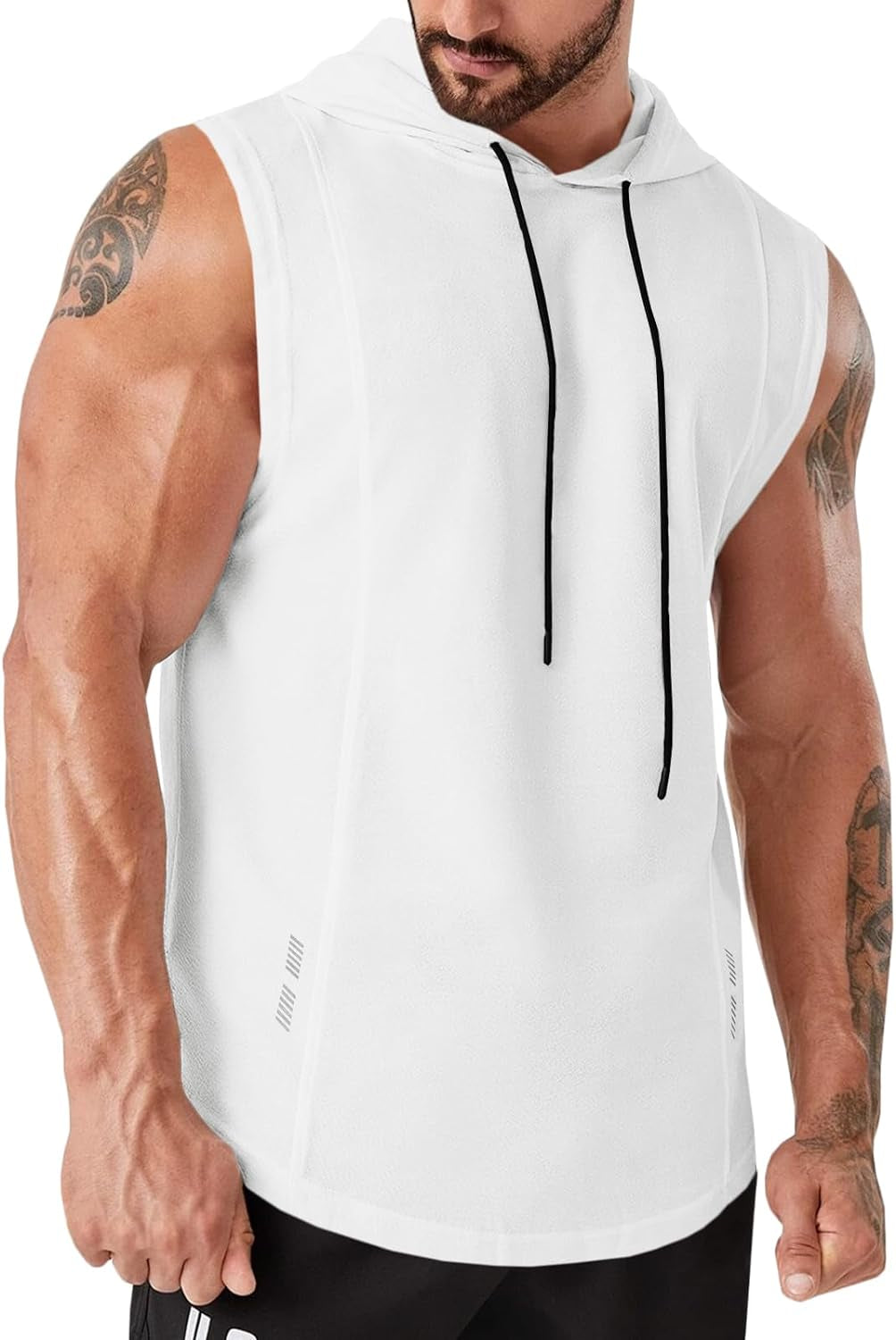 Mens Workout Hooded Tank Tops Gym Sleeveless Hoodies Bodybuilding Cut off Muscle T-Shirts White, X-Large