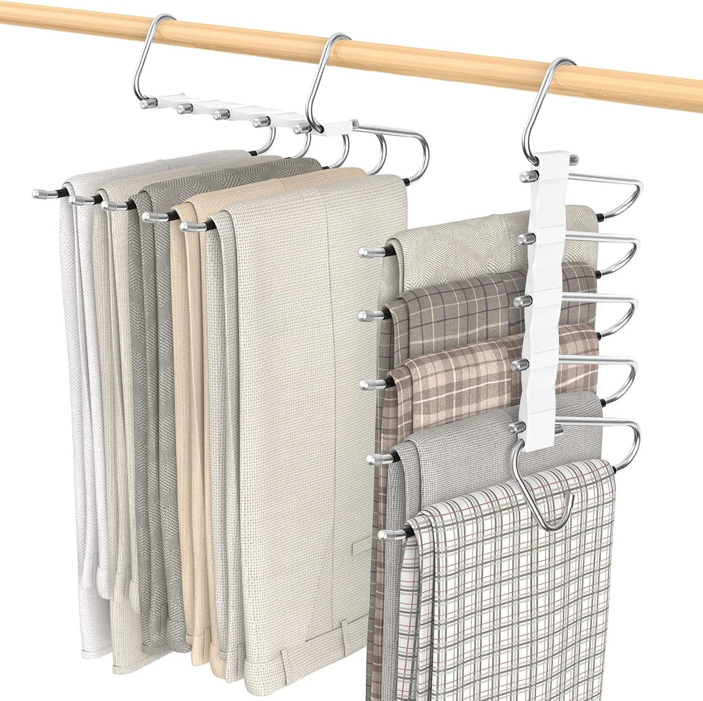 2 Pack Pants Hangers Space Saving, Anti-Slip Multi-Functional Pants Rack, Thickened Stainless Steel Tube with 10 Metal Clips, Two Hanging Modes Suitable for Jeans Trousers Skirts Scarf-White