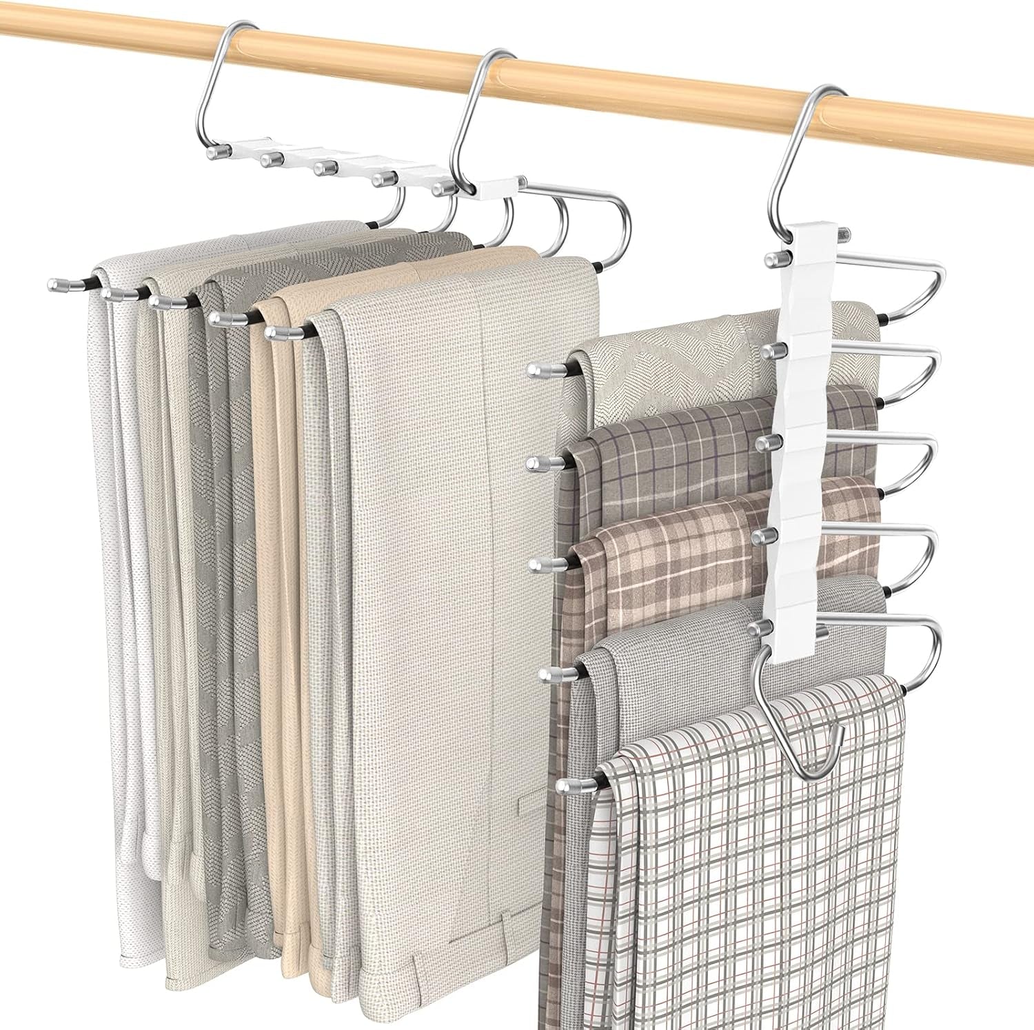 2 Pack Pants Hangers Space Saving, Anti-Slip Multi-Functional Pants Rack, Thickened Stainless Steel Tube with 10 Metal Clips, Two Hanging Modes Suitable for Jeans Trousers Skirts Scarf-White