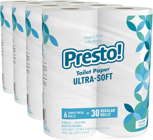 Amazon Brand -  2-Ply Ultra-Soft Toilet Paper, Septic-Safe, 24 Family Mega Rolls = 120 Regular Rolls, 308 Sheets, Unscented, Pack of 4