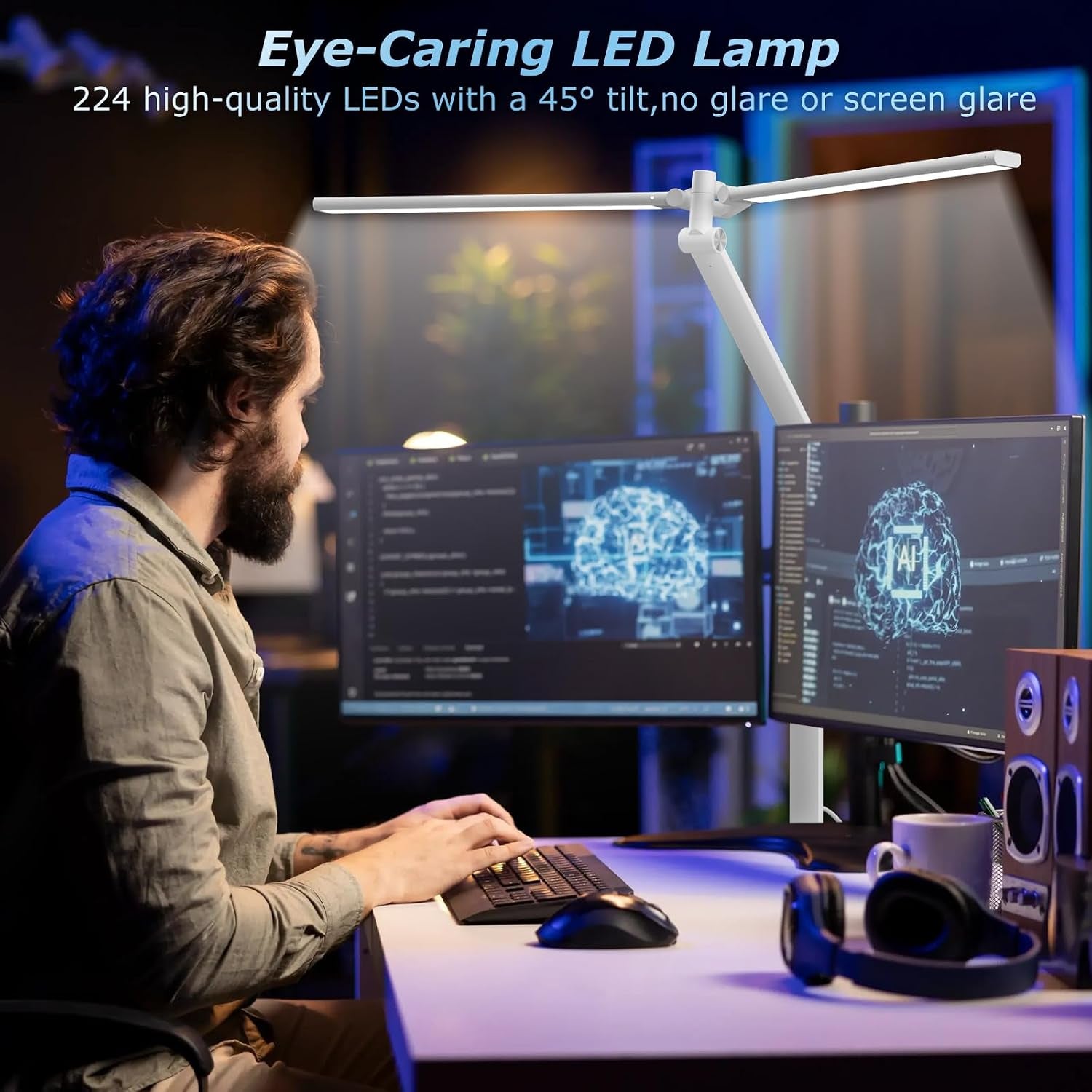 LED Desk Lamp, Double Swing Arm Wide Lighting Area Desk Lamps for Home Office with Stepless Dimming, Eye-Caring Architect Desk Light with Clamp for Reading, Study, Workbench, Drafting(White)