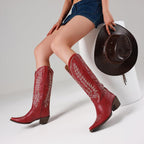 Cowboy Boots for Women: Embroidered Western Knee High Boots Women - Pointed Toe Chunky Heel Cowgirl Tall Boots