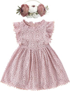 Baby Girl Tutu Dress Elegant Lace Pom Pom Flutter Sleeve with Flower Headband Set
