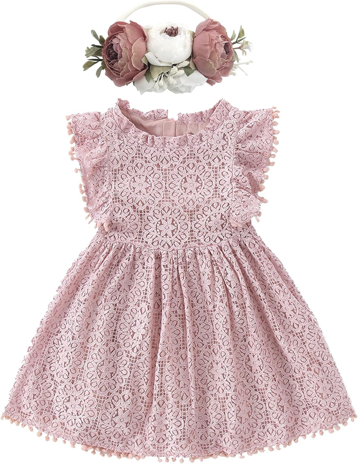 Baby Girl Tutu Dress Elegant Lace Pom Pom Flutter Sleeve with Flower Headband Set