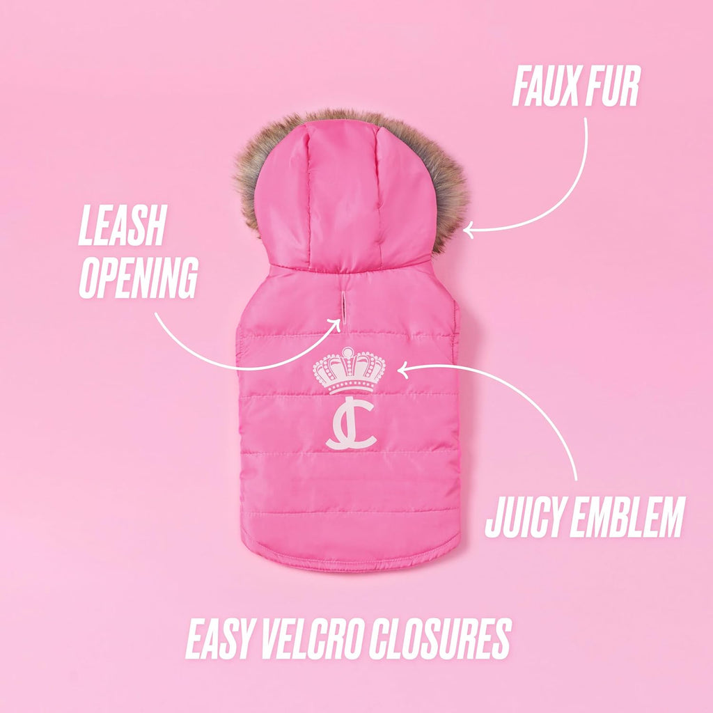 Juicy Couture Faux Fur Hooded Pet Jacket for Dogs and Cats - Hot Pink - Medium/Large