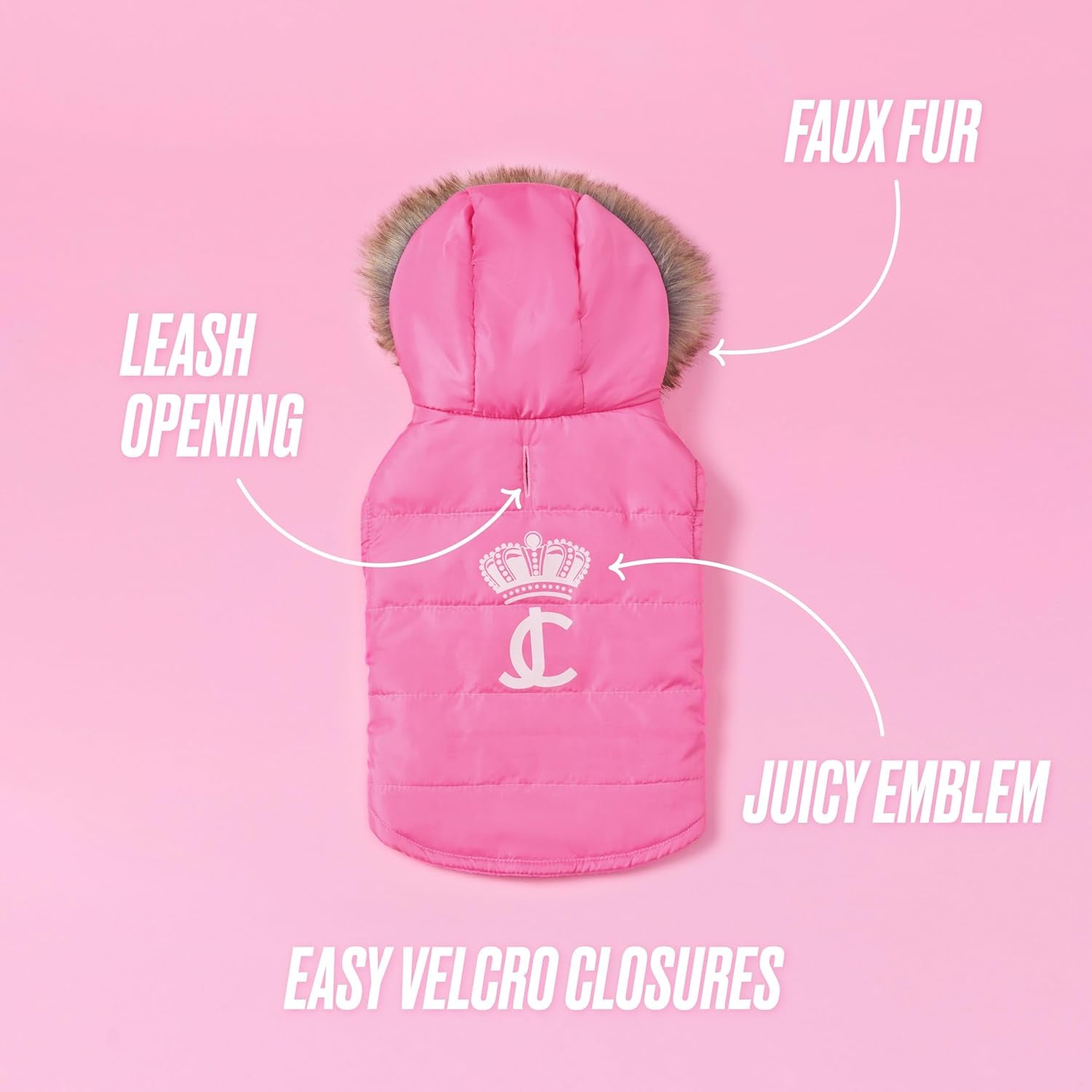 Juicy Couture Faux Fur Hooded Pet Jacket for Dogs and Cats - Hot Pink - Medium/Large