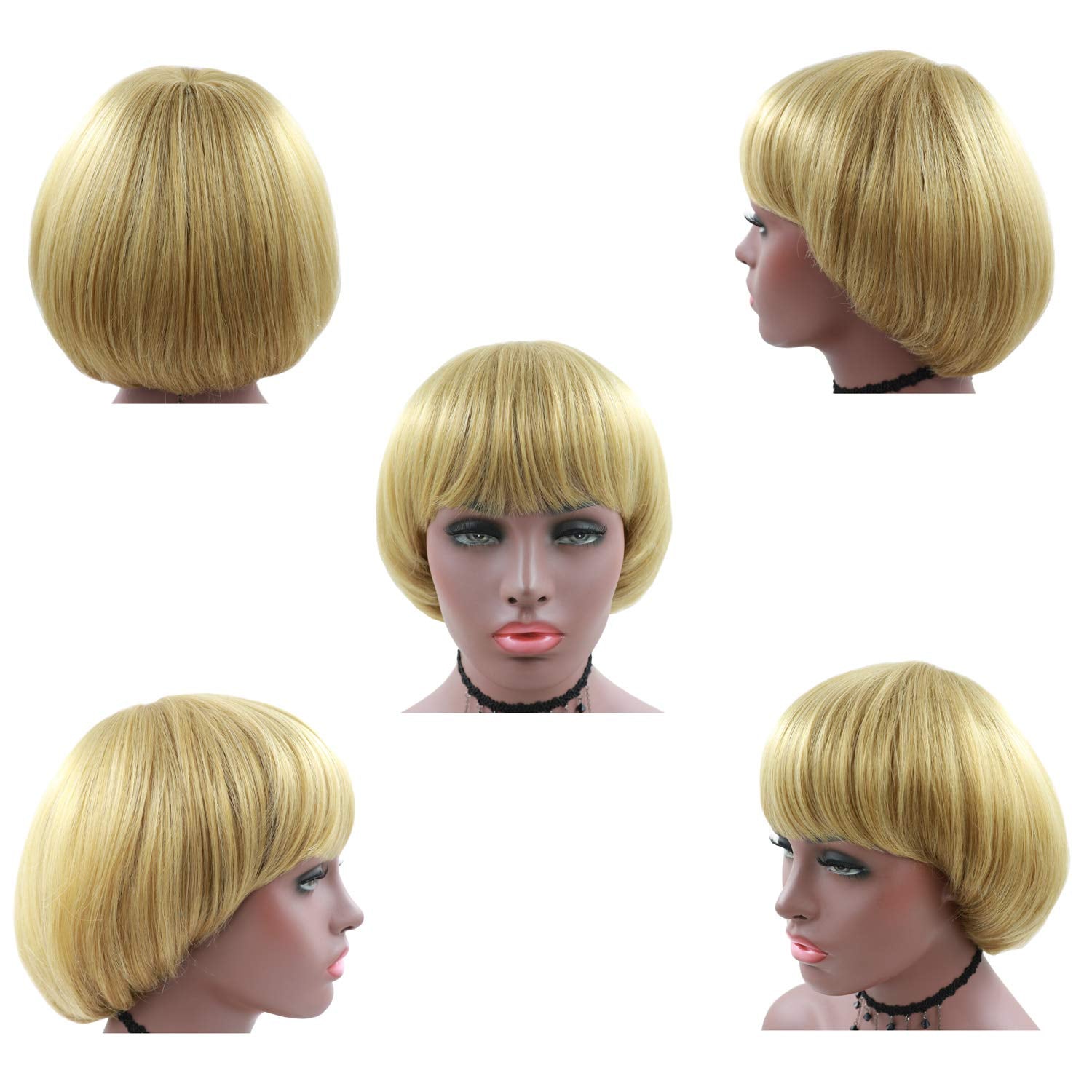 Girls Golden Mushroom Wig Short Bob Wig with Bangs Blonde Bowl Cut Wig Cap for Women