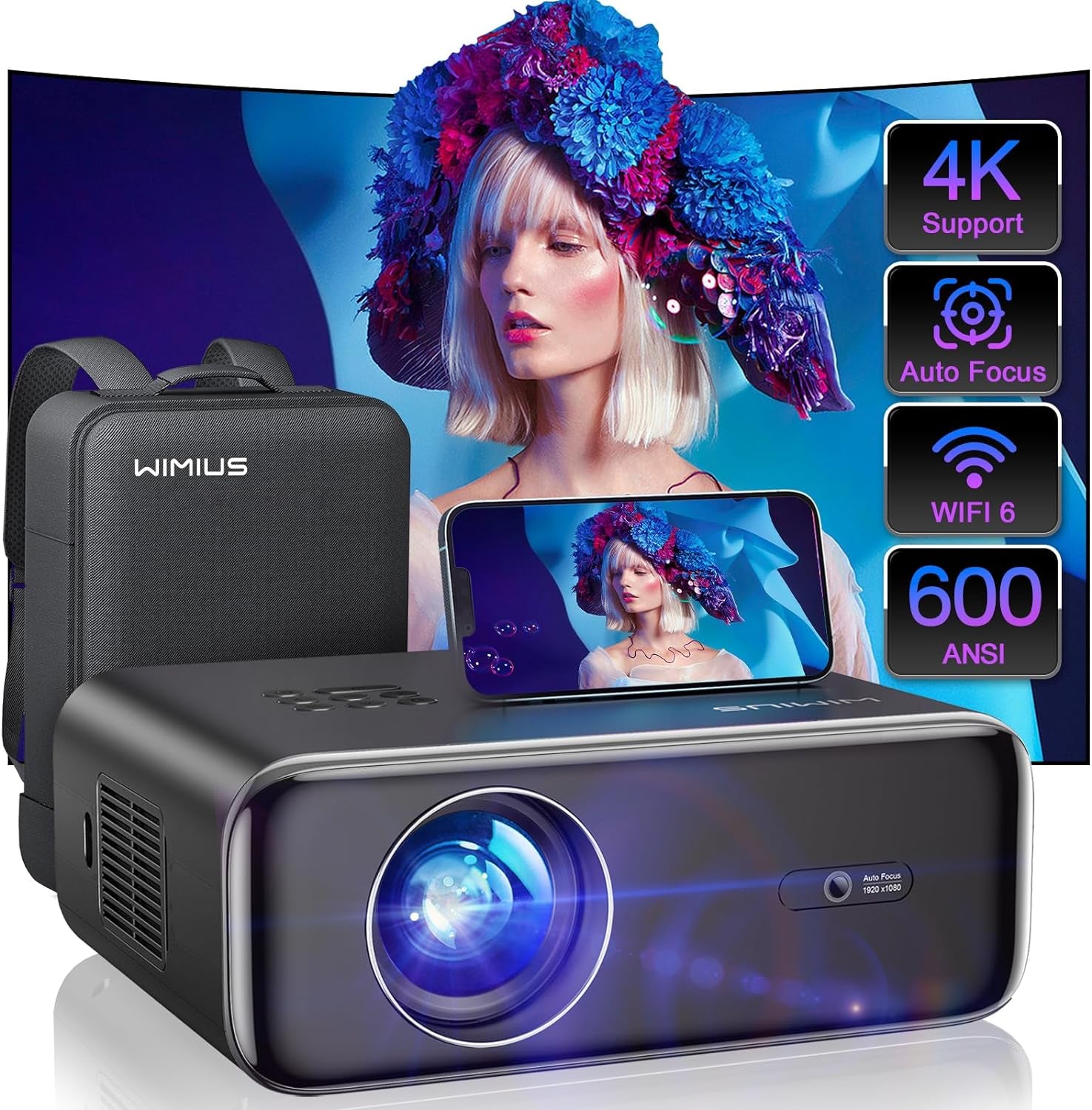 [Auto Focus/4K Support] Projector with Wifi 6 and Bluetooth 5.2, 600ANSI Native 1080P Outdoor Movie Projector,  P62 Auto 6D Keystone & 50% Zoom, Smart Home Projector for Ios/Android/Tv Stick