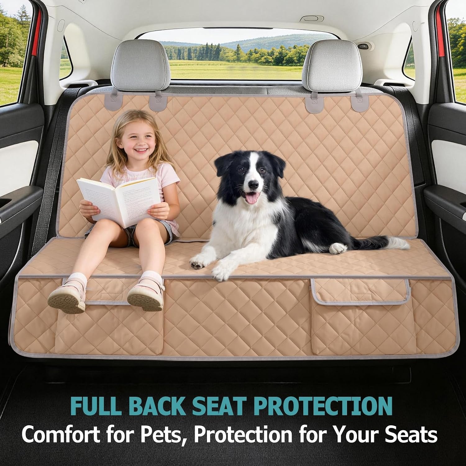 Dog Car Seat Cover for Back Seat Waterproof Backseat Protector, Nonslip Rear Seat Cover for Kids,Universal Size Fits Cars Trucks Suvs (Beige)
