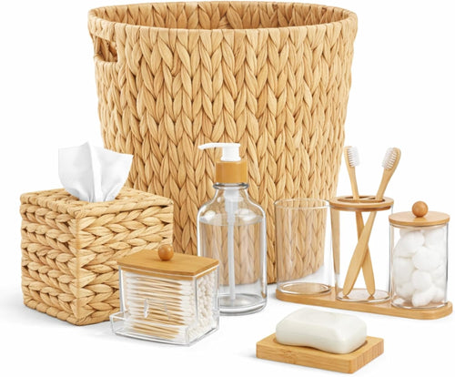 9-Piece Handwoven Wicker Bathroom Set, 15L / 4 Gallon Natural Water Hyacinth Trash Can, Tissue Holder, Soap Dispenser, Toothbrush Cup, Vanity Tray & Storage Jars