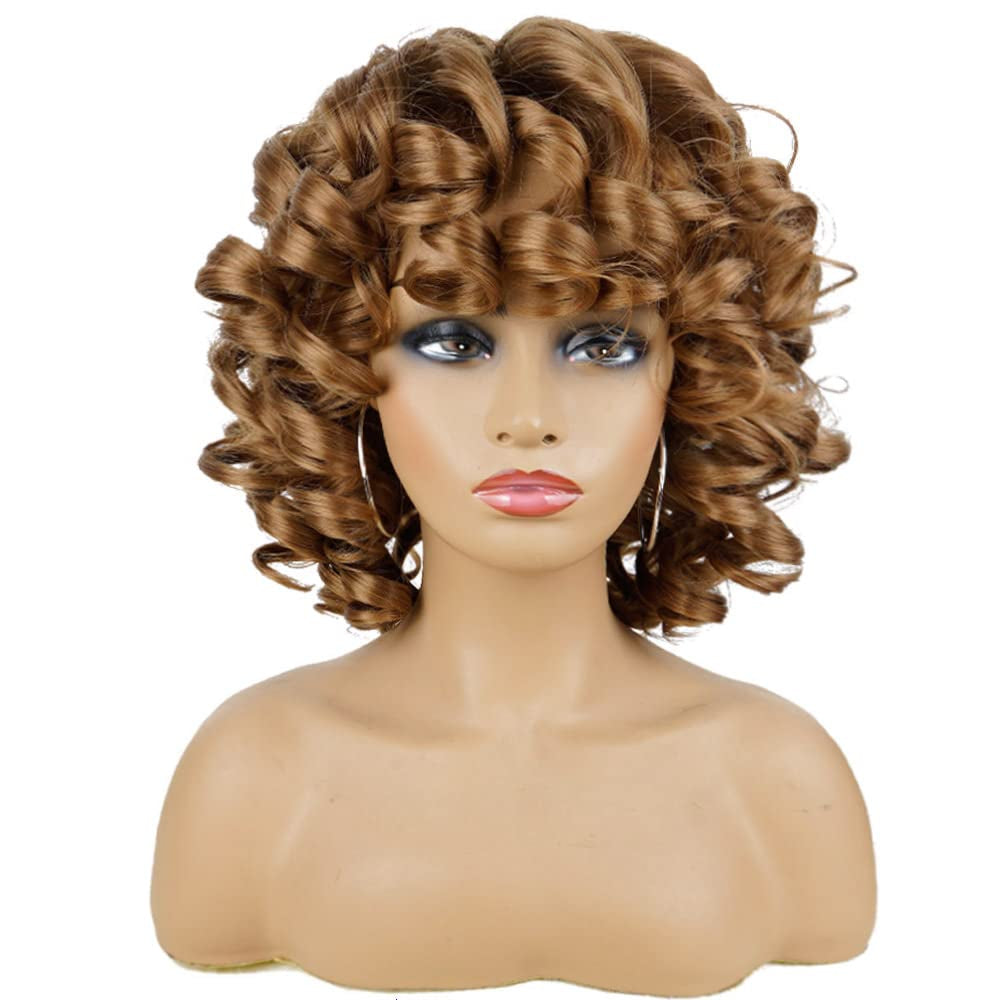Curly Wig with Bangs Wigs for Black Women Honey Blonde Short Synthetic Hair Wigs (#30 Honey Blonde)