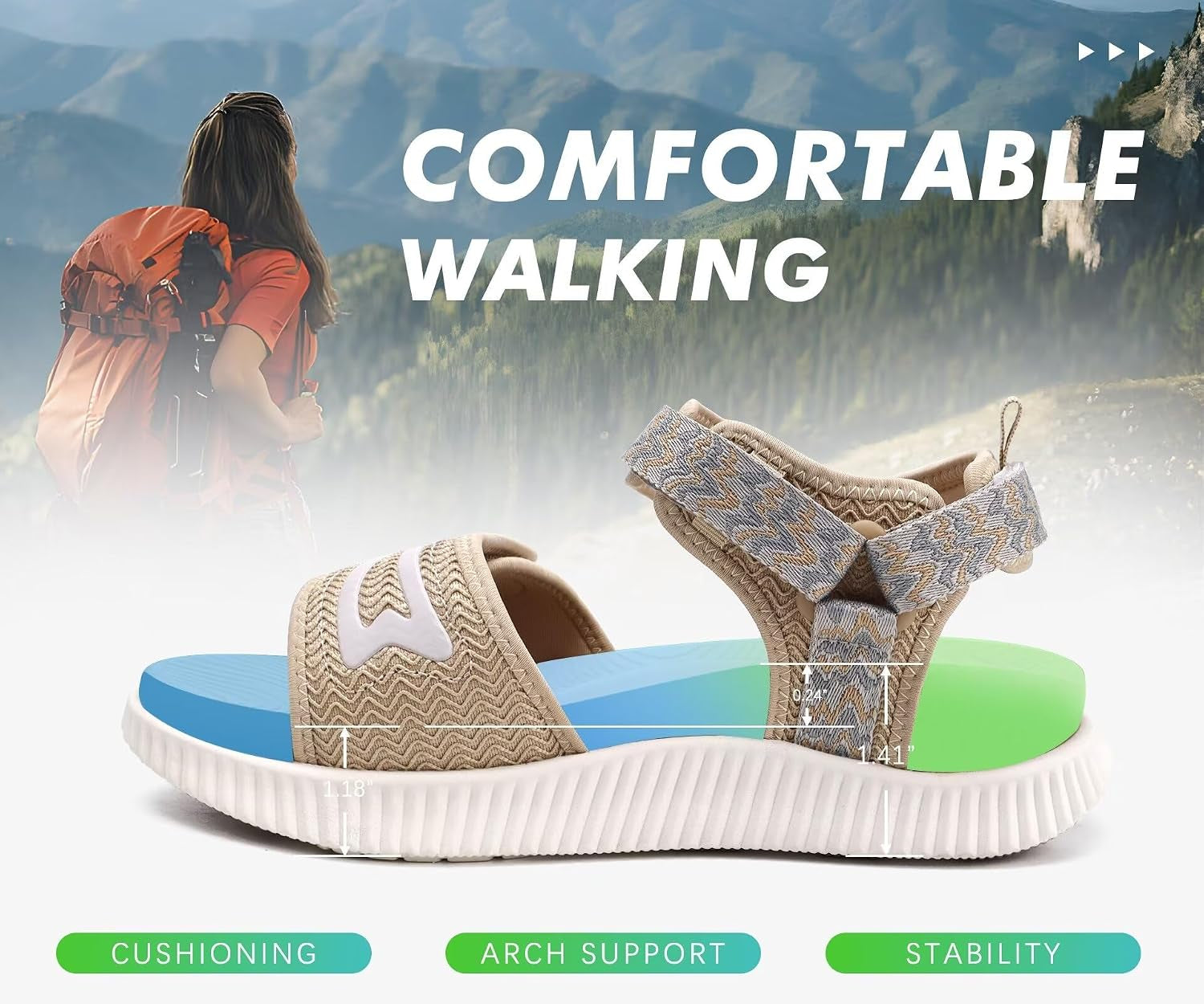 Womens Orthopedic Walking Sandals Ladies Recovery Sport Thick Athletic Cushion Outdoor Hiking Water Sandles Adjustable Strap Sandals with Comfortable Plantar Fasciitis Arch Support