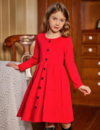 Girl'S Button Dresses down Long Sleeve Sundress A-Line Dress With
