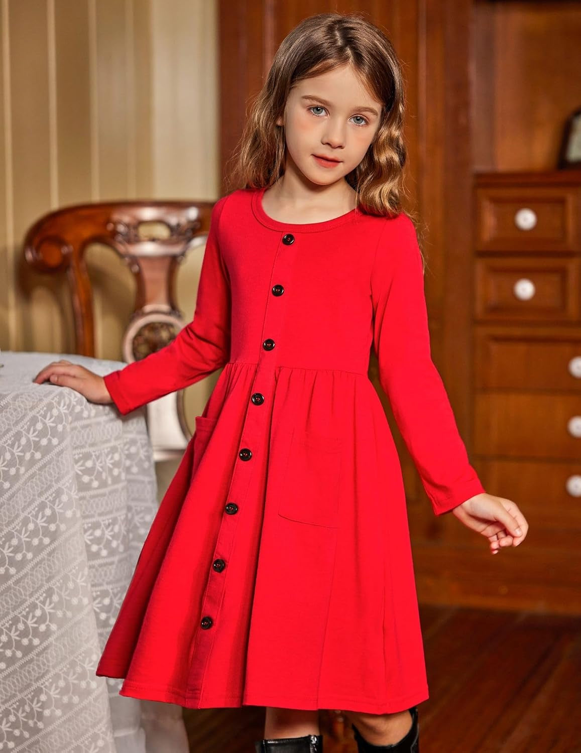 Girl'S Button Dresses down Long Sleeve Sundress A-Line Dress With