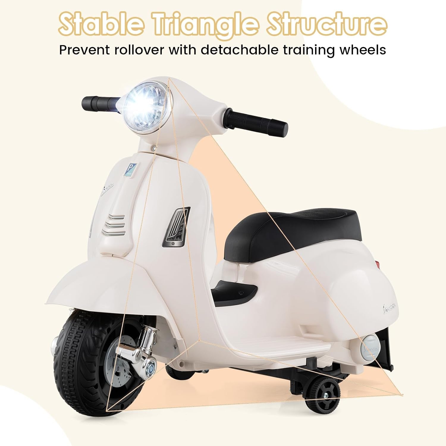 Licensed Vespa Scooter Kids Motorcycle by , 6V Ride on Electric Motorcycle with Training Wheels, Headlight, Battery Powered 3 Wheels Toy Gift with LED Headlight Horn for Boys Girls (White)