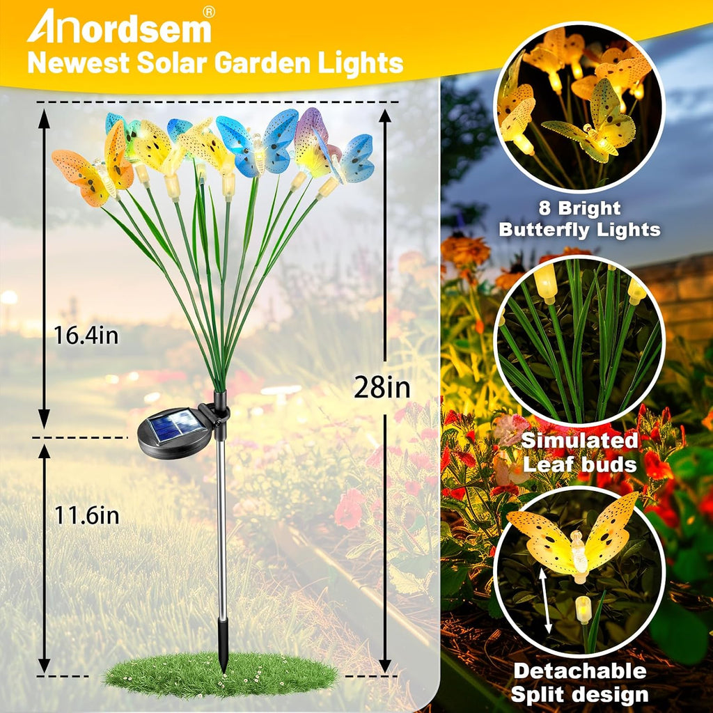 Solar Garden Lights Outdoor: 8 Removable Optical Fiber Butterflies 2 Pack - Waterproof Fun Animal Decoration for Yard Patio Path - Gardening Gifts for Garden Lovers over 30