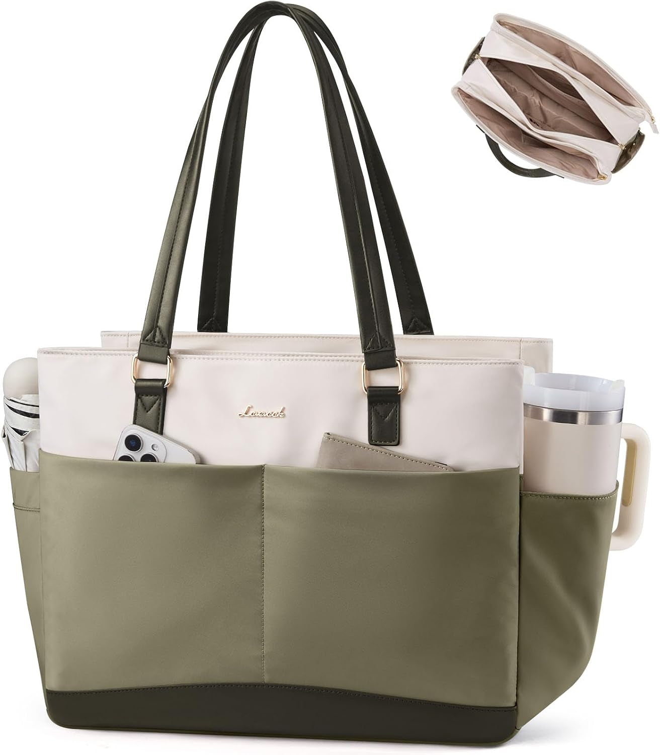 Laptop Tote Bag for Women with 3 Separate Pocket Work Bag with Large Cup Holder Computer Briefcase for Teacher Nurse