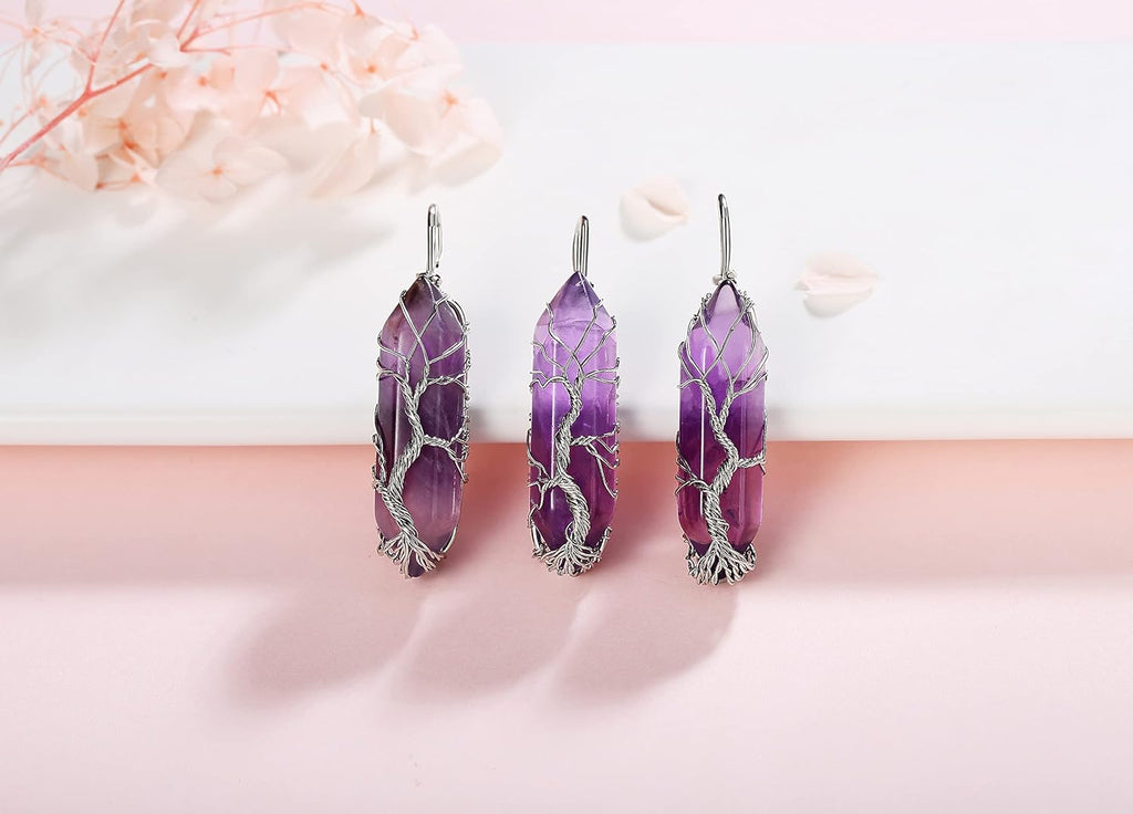Tree of Life Wire Wrapped Natural Spiritual Hexagonal Gemstone Quartz Necklace Amethyst Reiki Healing Crystal Stone Point Pendant Necklaces Jewelry for Women