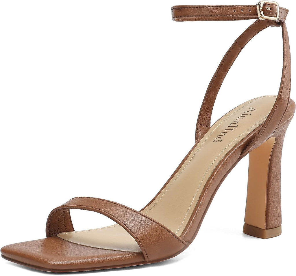 Women High Heels, Square Open Toe Block Heeled Sandals 3.3 Inch | Strappy Ankle Strap Shoes for Dress, Party, Prom