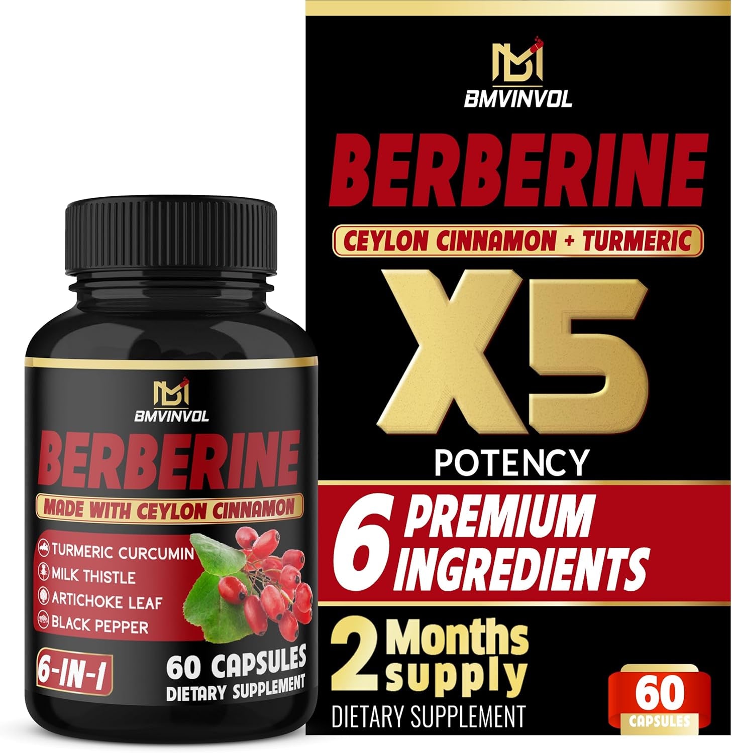 Berberine Supplement with Ceylon Cinnamon, Turmeric, Artichoke, Milk Thistle - Berberine Hcl Supplement Pills - 60 Capsules