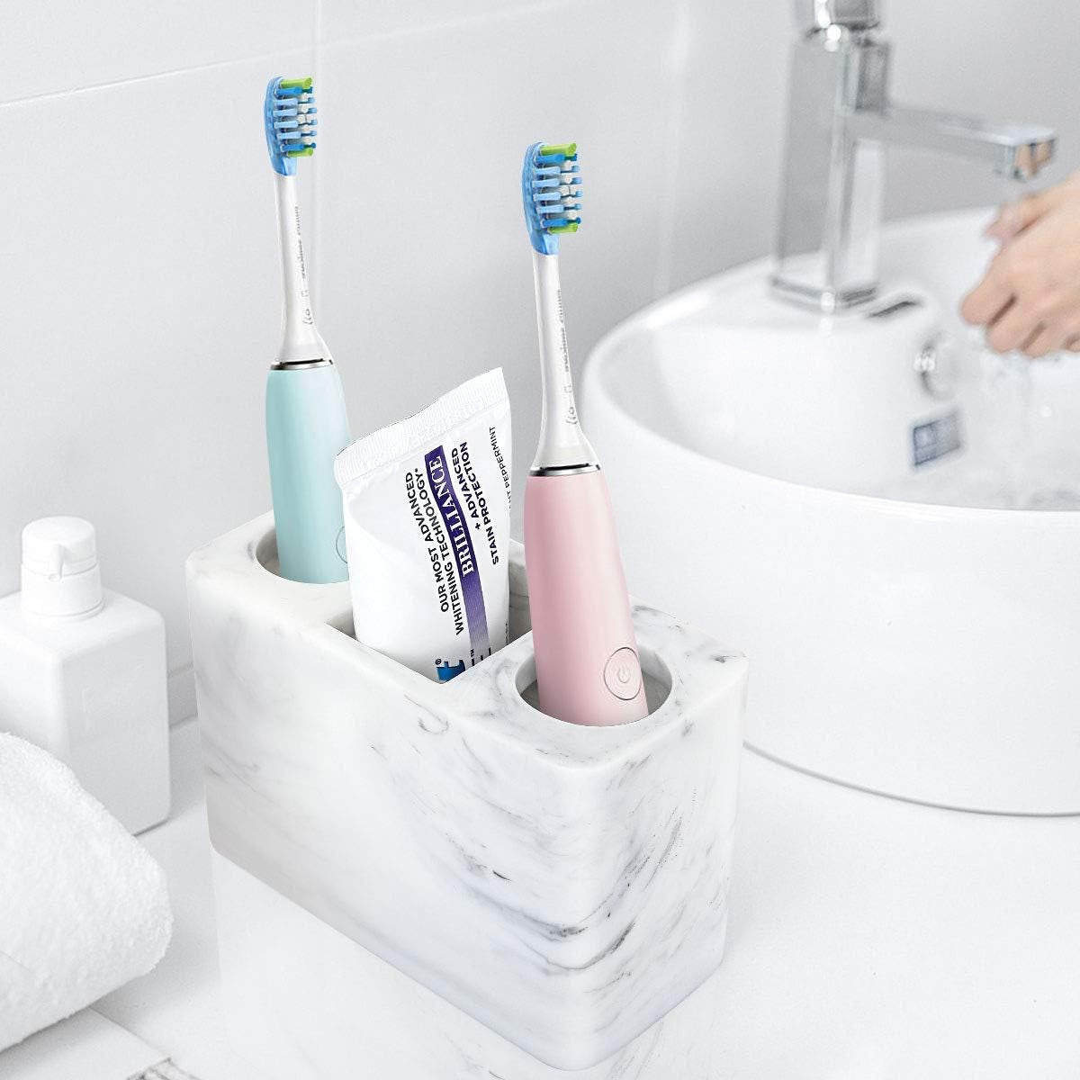 Toothbrush Holder, Resin, 3 Slots, Ink White | Electric Toothbrush Holder, Toothbrush and Toothpaste Holder, Bathroom Countertop Storage, Bathroom Accessories
