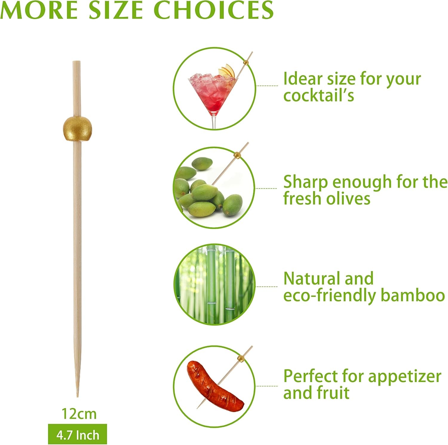 200 Pcs Cocktail Picks, 4.7 Inch Toothpicks for Appetizers, Bamboo Cocktail Sticks Skewers for Drinks, Desserts, Charcuterie, Wedding Party Fancy Toothpicks, Gold Pearl Mini Food Picks Decorative