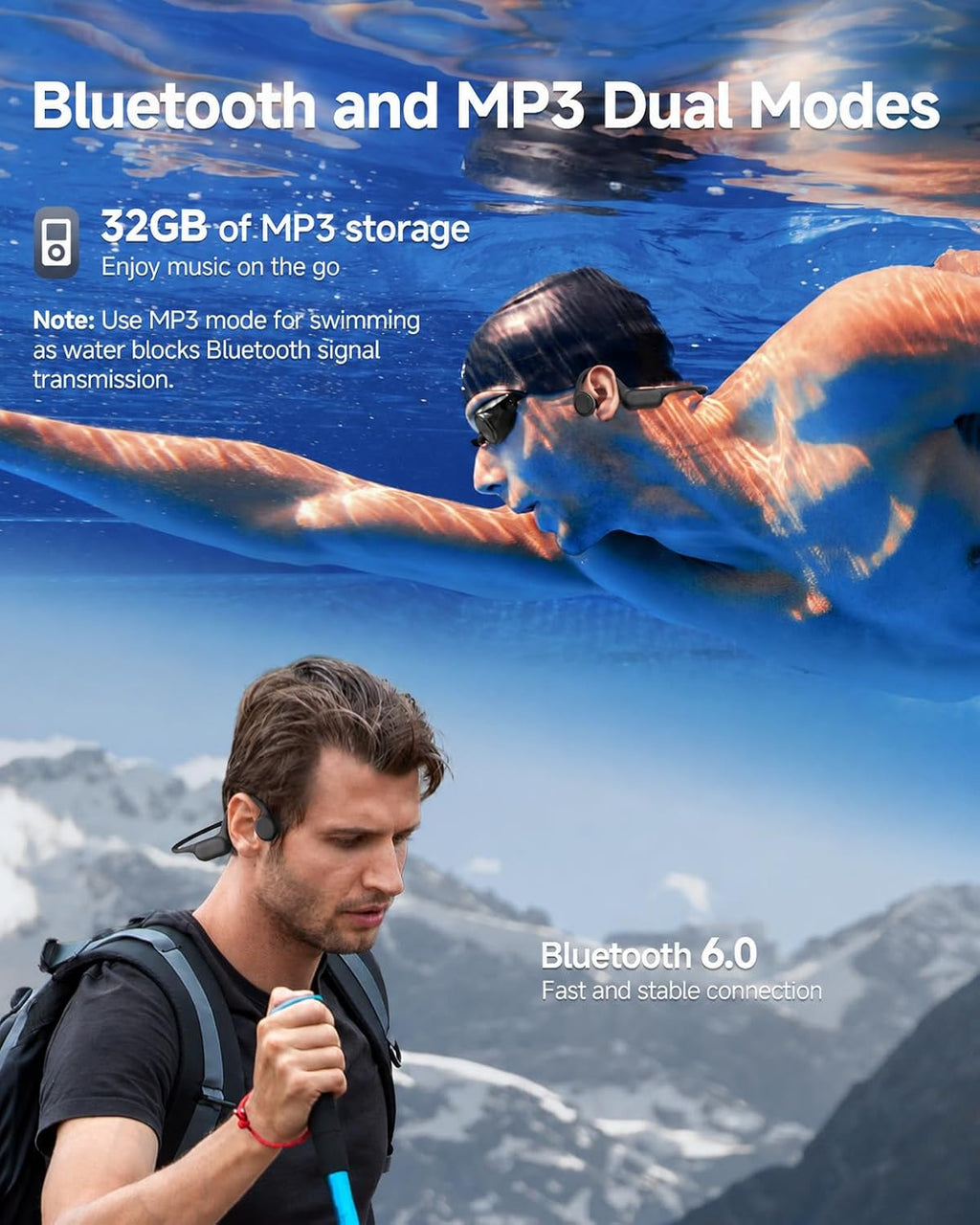 Bone Conduction Headphones, IPX8 Waterproof Swimming Headphones | Open Ear Earbuds with 32GB Memory, Switch to MP3 Mode Underwater, AI Music Generation, 8H Playtime Bluetooth 6.0 for Running