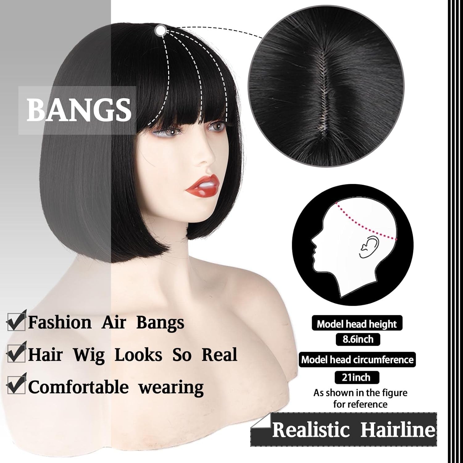 Black Short Bob Wig,Straight Black Bob Wig with Bangs, 10 Inch Straight Bob Bangs Wig for Women Natural Looking for Daily Use