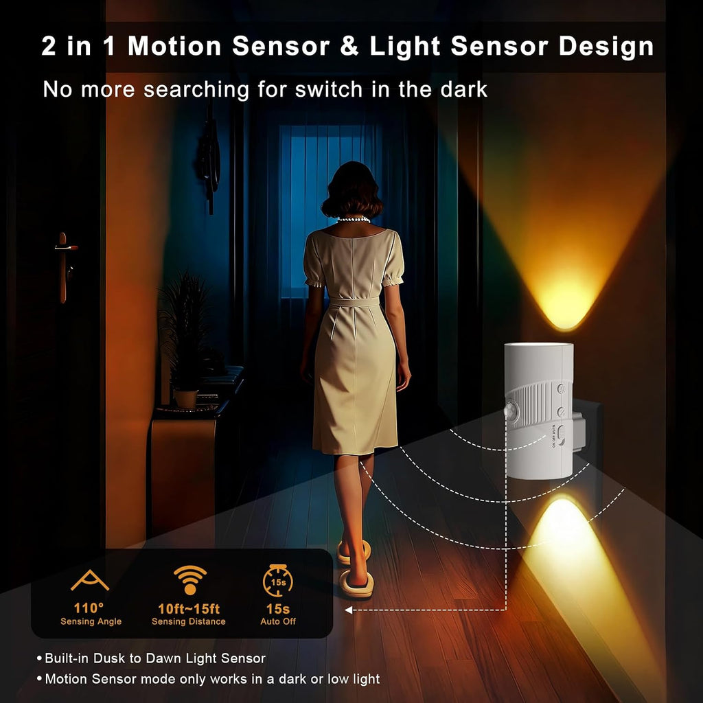 Motion Sensor Light Indoor, Night Lights Plug into Wall, Motion Sensor & Dusk to Dawn Sensor, 3 Light Modes, Dimmable Night Light for Bedroom Bathroom Hallway Kitchen Stairs (White, 2 Pack)