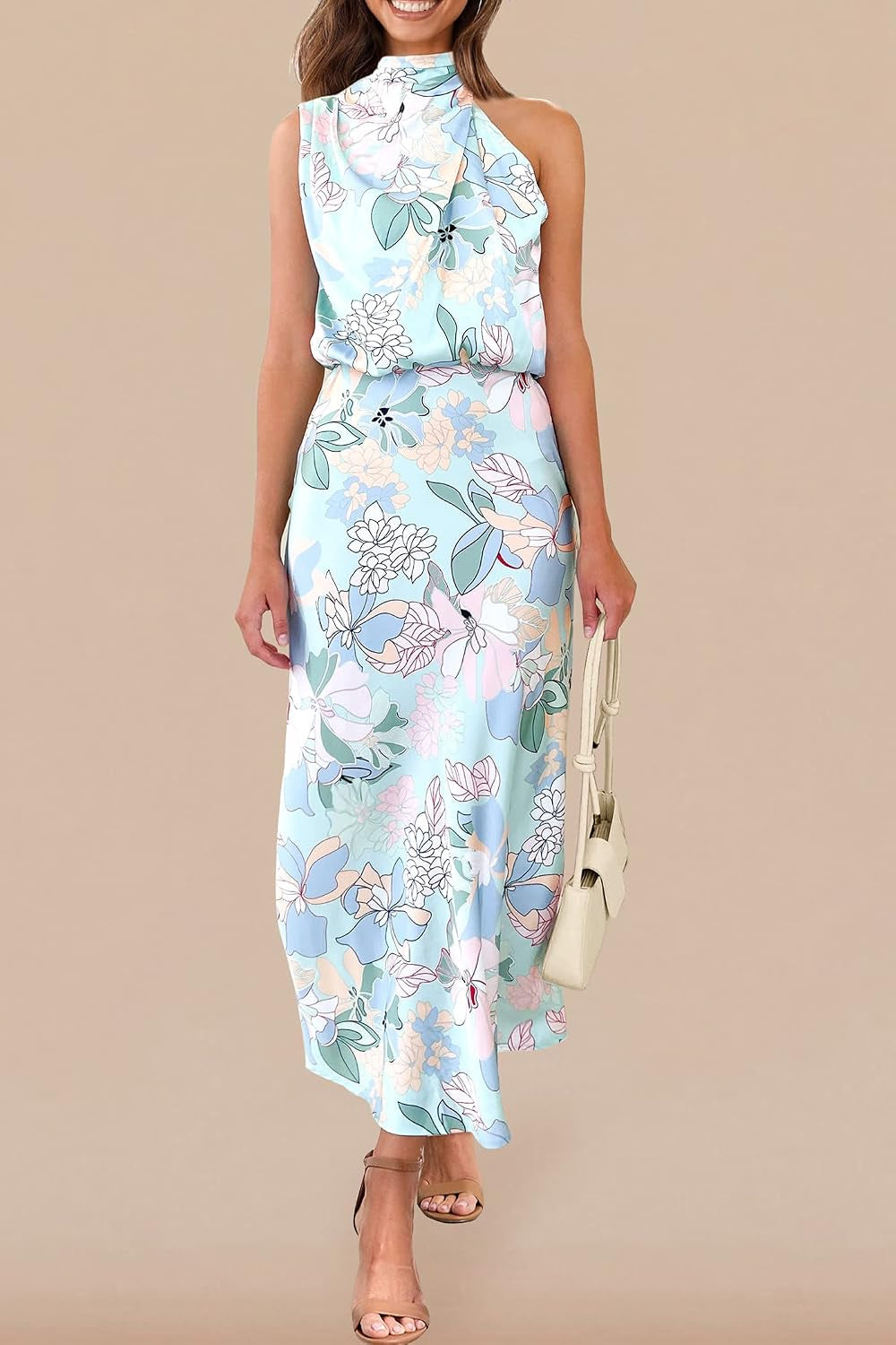 Women'S 2026 Summer Satin Dress Elegant Sleeveless Mock Neck Cocktail Party Maxi Dresses