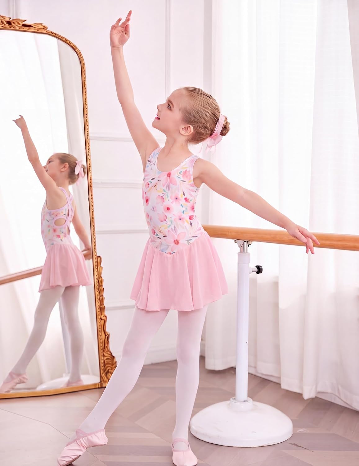 Girls Hollow Back Ballet Leotard with Skirt Sleeveless Dance Dress | Kid Girls, Solid Leotard with Hollow Back Criss-Cross Straps, Flowy Chiffon Skirt 3-11 Y
