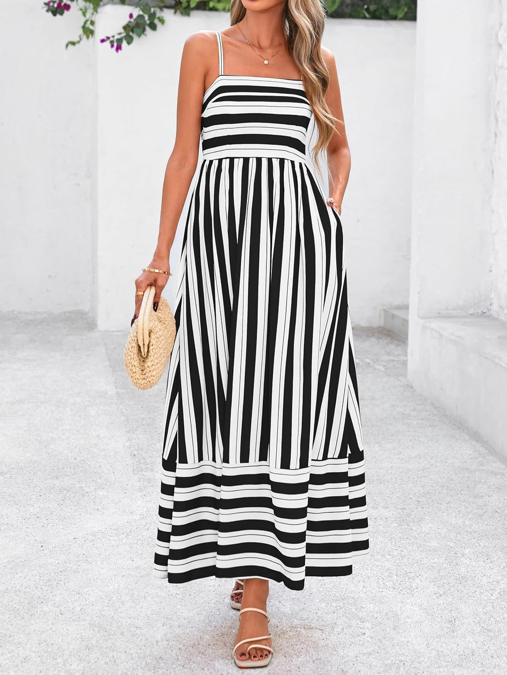Womens Boho Floral Striped Summer Maxi Dresses Spaghetti Strap | Summer 2026 Wedding Guest Beach Vacation Flowy Long Dress, Casual Square Neck Tiered Dress, Empire Waist a Line Dress Pockets