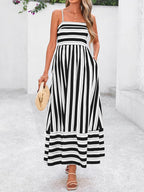 Womens Boho Floral Striped Summer Maxi Dresses Spaghetti Strap | Summer 2026 Wedding Guest Beach Vacation Flowy Long Dress, Casual Square Neck Tiered Dress, Empire Waist a Line Dress Pockets