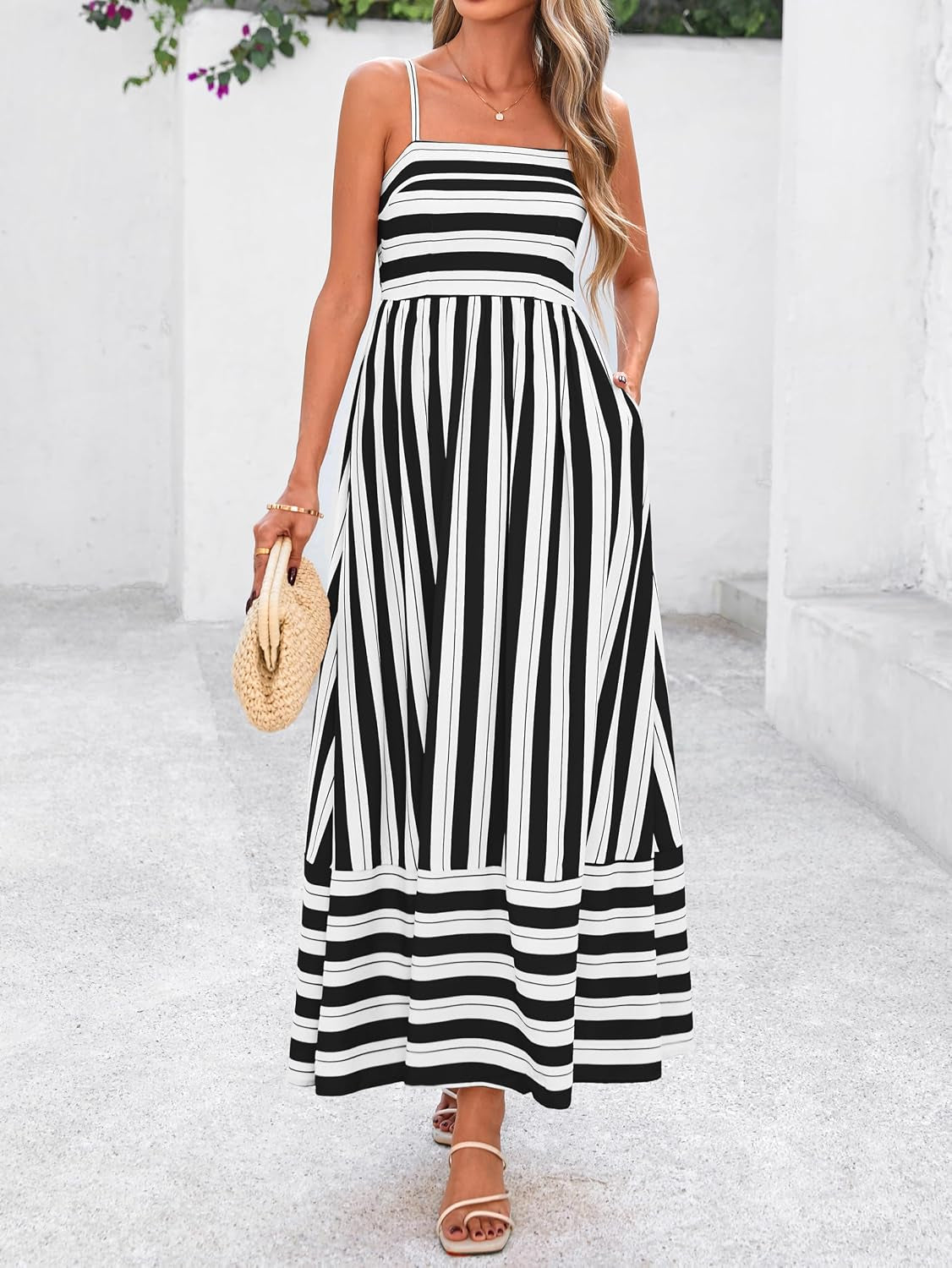 Womens Boho Floral Striped Summer Maxi Dresses Spaghetti Strap | Summer 2026 Wedding Guest Beach Vacation Flowy Long Dress, Casual Square Neck Tiered Dress, Empire Waist a Line Dress Pockets
