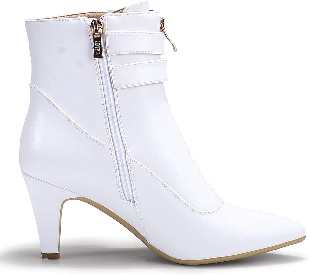 Women'S Pointed Toe Metal Buckle Two Strap Ankle Booties Side Zipper Kitten Heel Dress Classic Short Boots | Vintage 3 Buckle Straps Small Low Heeled Short Booties with Side Zipper Decrative Front Zip Dressy