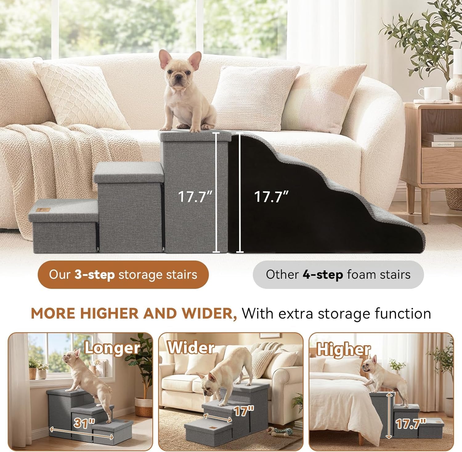 Wider Dog Ramp for High Bed with Storage, Foldable Dog Stairs | 18" H Dog Step for Small Medium Large Older Senior Animal, for Climbing Bed or Couch, Arthritis-Friendly (Gray, No Condo)