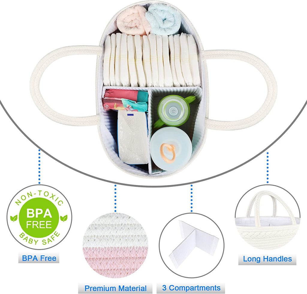Diaper Caddy Organizer, Rope Woven Storage Baske, Pink | Cotton Rope, Nursery Storage Basket for Car & Changing Table | Holds Diapers, Wipes & Baby Essentials | Durable